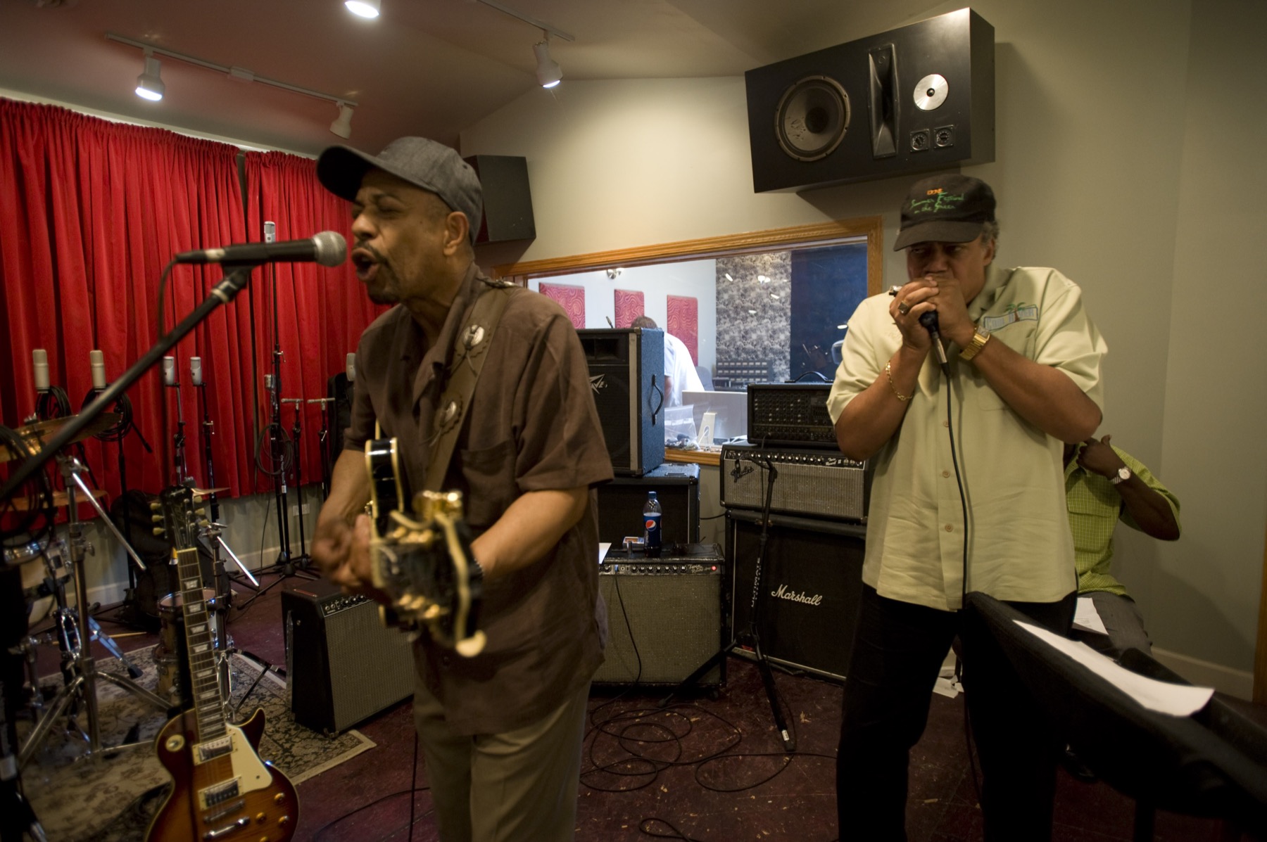 John Primer and Billy Branch recording together in a studio