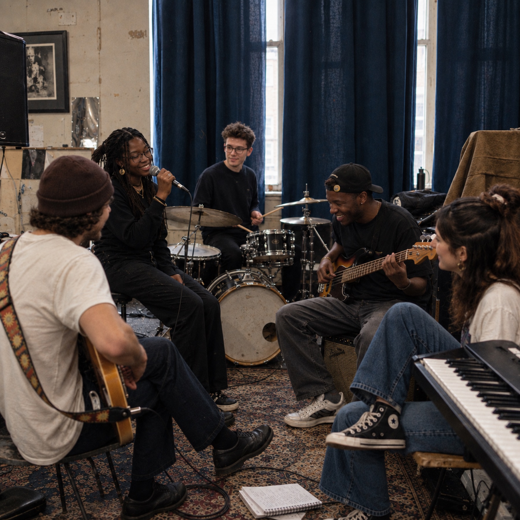 Young artists developing music together in rehearsal