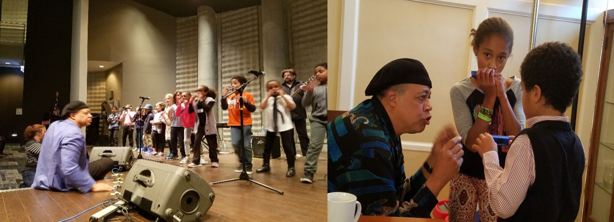 Billy Branch teaching young Blues students onstage and through individual harmonica instruction